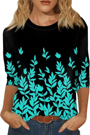 Womens Fall Tops Crew Neck Cute Tshirts 3/4 Length Sleeve Floral Print Loose Blouses Dressy Casual 2024 Pullover