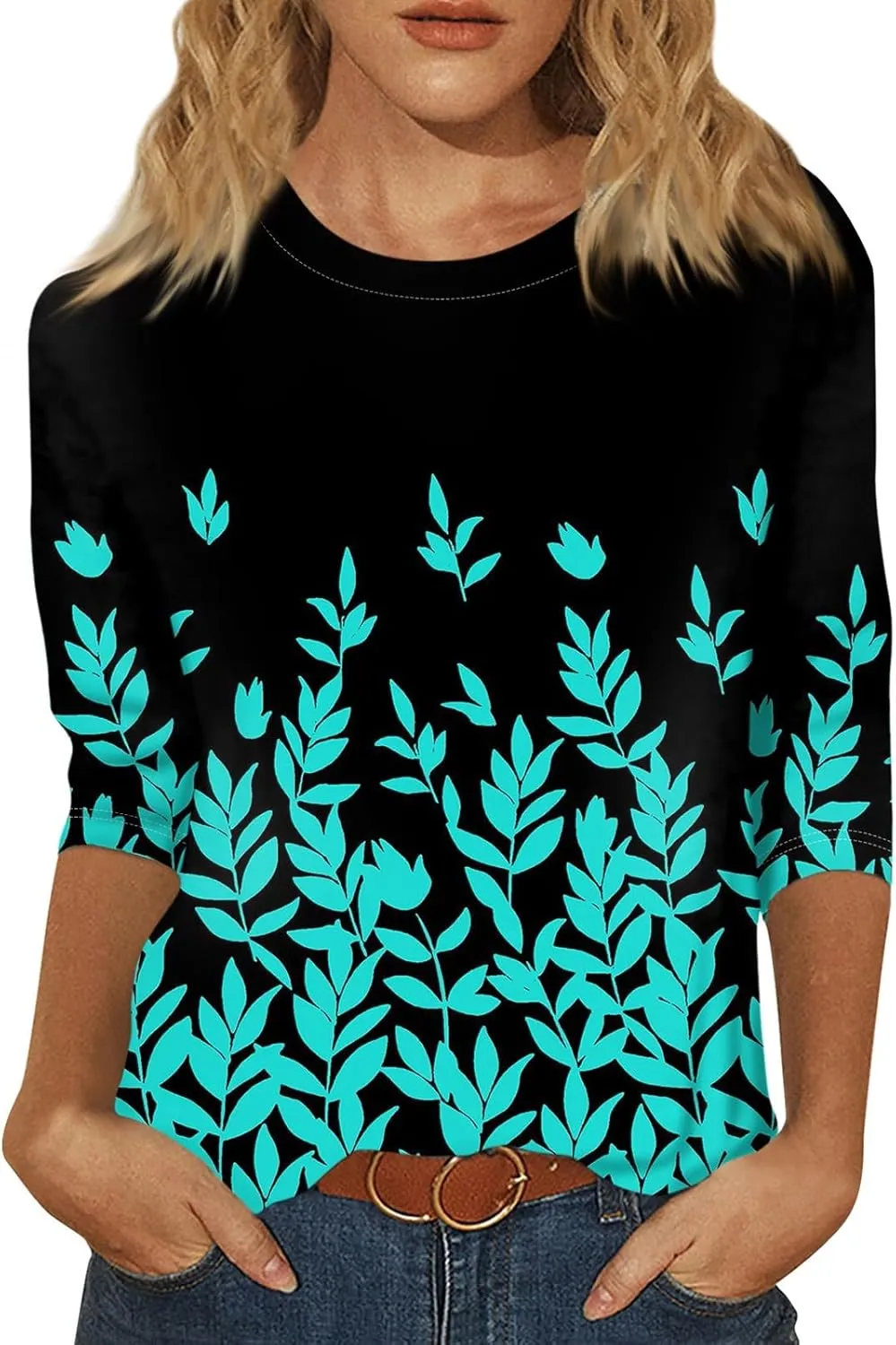 Womens Fall Tops Crew Neck Cute Tshirts 3/4 Length Sleeve Floral Print Loose Blouses Dressy Casual 2024 Pullover