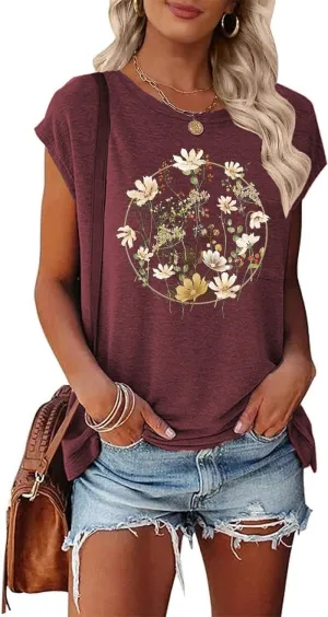 Women's Floral Tank Tops Casual Summer Cap Sleeve Sleeveless Wildflowers Floral Graphic Tees Tops