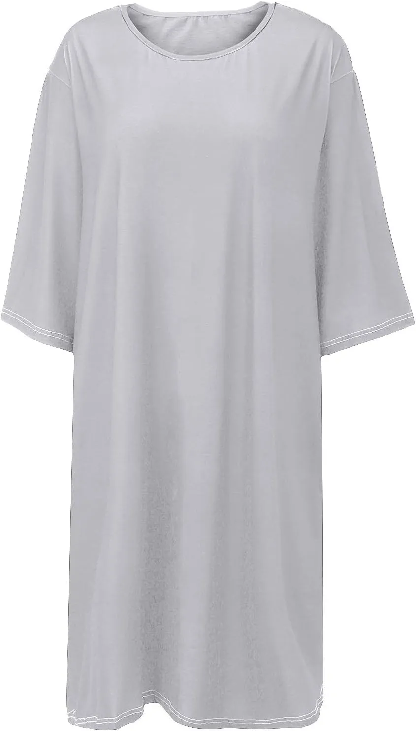 Women's Half Sleeve Maxi Cotton Linen Dress Relaxed Ruched Slit Crew Neck Flowy Vacation Modest Dresses with Pockets