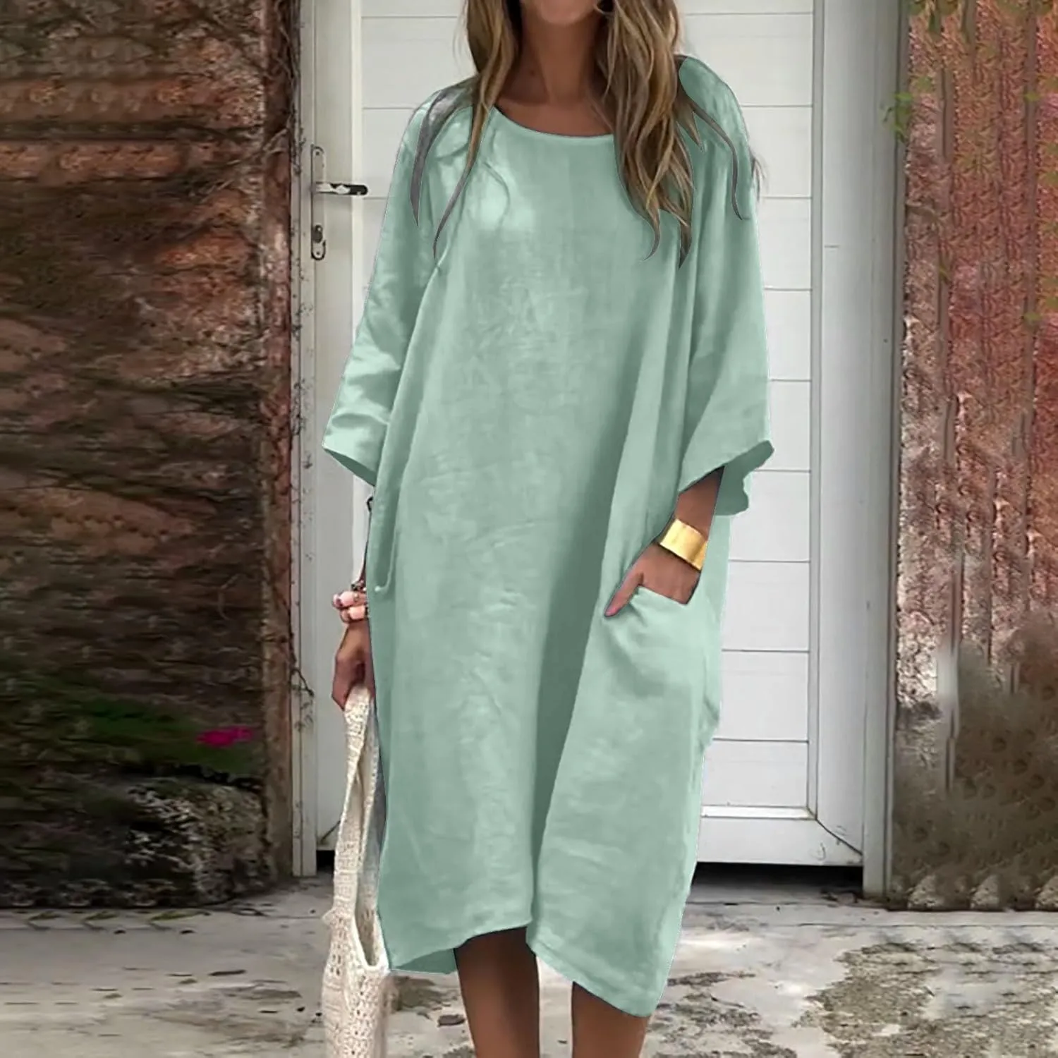 Women's Half Sleeve Maxi Cotton Linen Dress Relaxed Ruched Slit Crew Neck Flowy Vacation Modest Dresses with Pockets