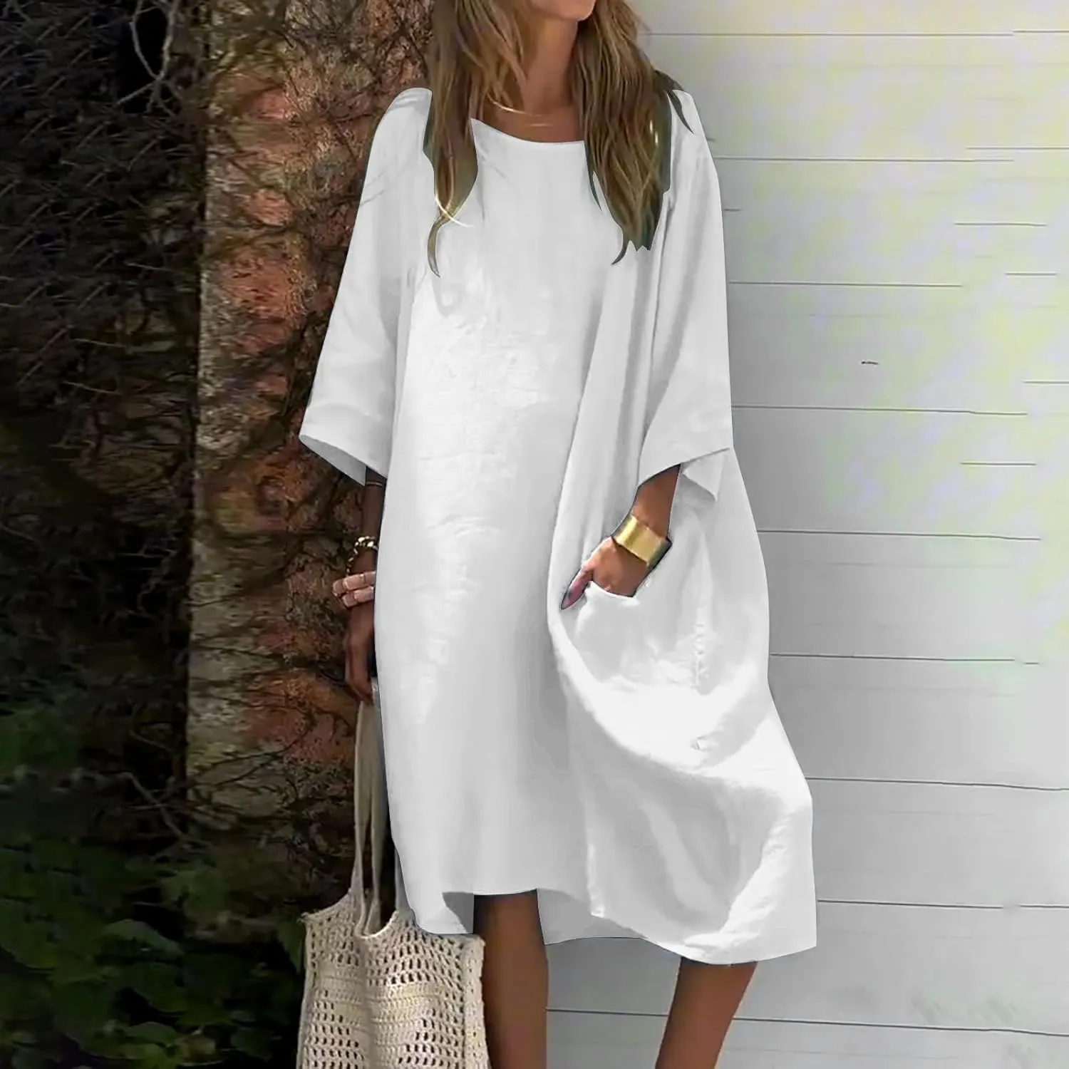 Women's Half Sleeve Maxi Cotton Linen Dress Relaxed Ruched Slit Crew Neck Flowy Vacation Modest Dresses with Pockets