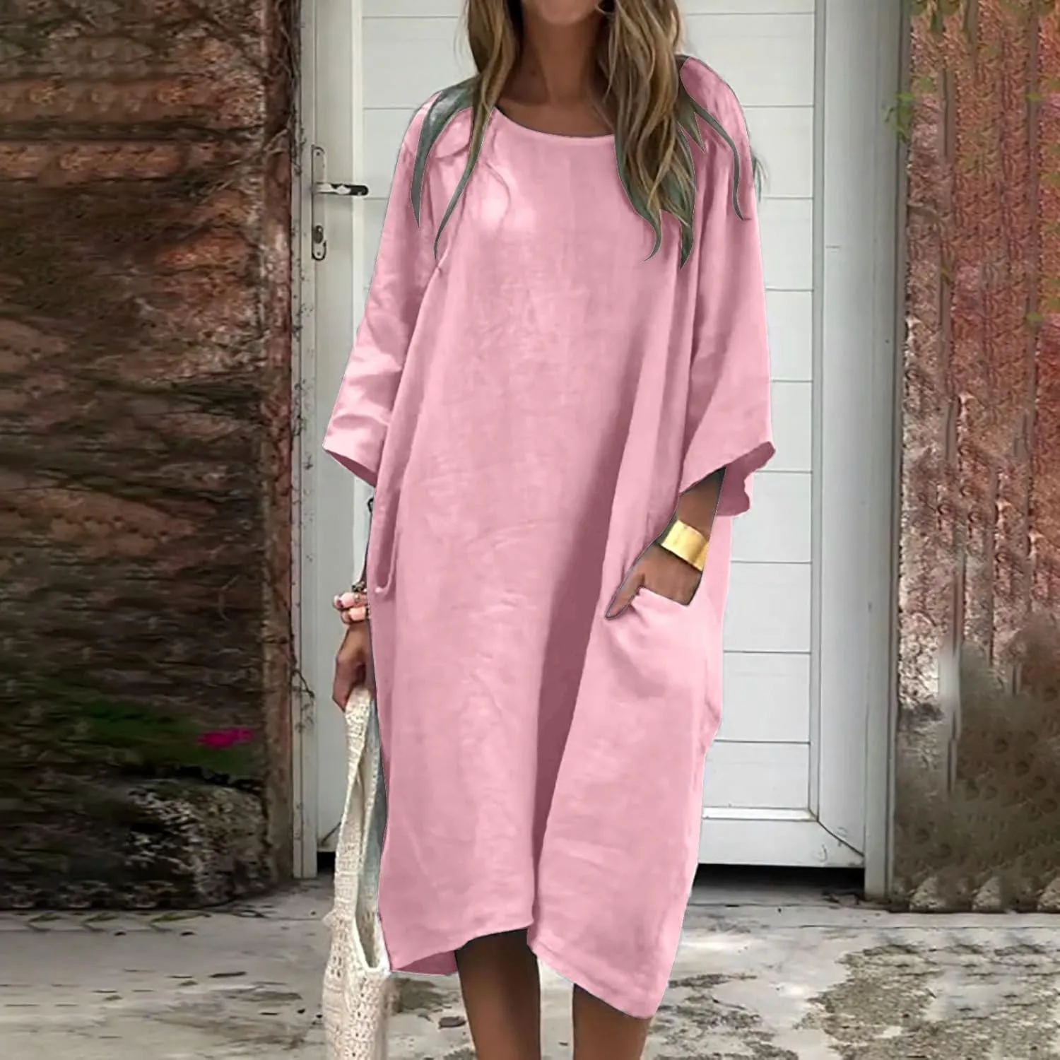 Women's Half Sleeve Maxi Cotton Linen Dress Relaxed Ruched Slit Crew Neck Flowy Vacation Modest Dresses with Pockets