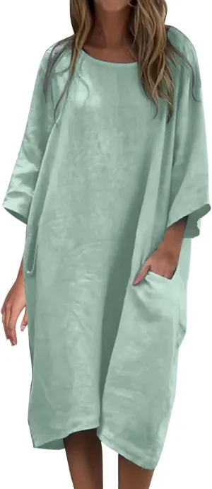 Women's Half Sleeve Maxi Cotton Linen Dress Relaxed Ruched Slit Crew Neck Flowy Vacation Modest Dresses with Pockets