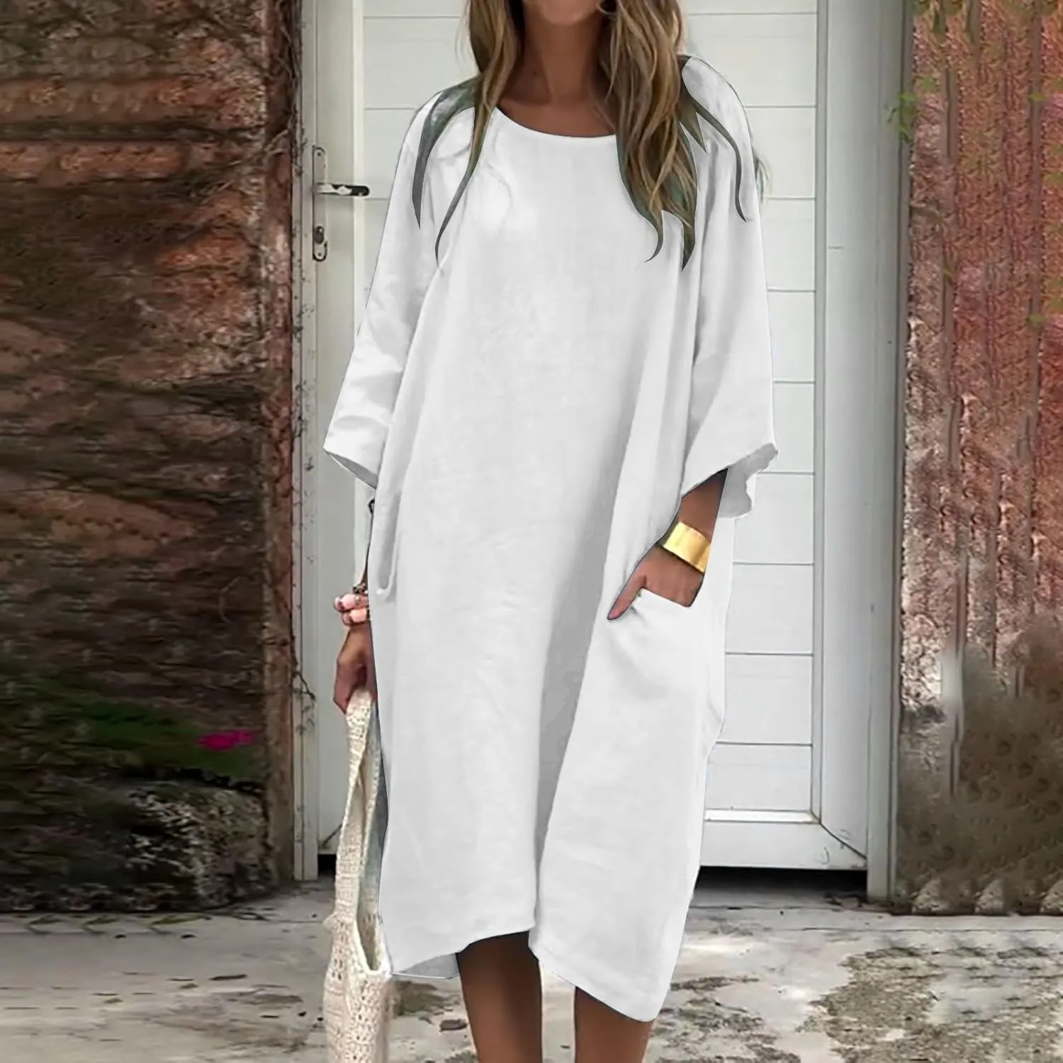 Women's Half Sleeve Maxi Cotton Linen Dress Relaxed Ruched Slit Crew Neck Flowy Vacation Modest Dresses with Pockets