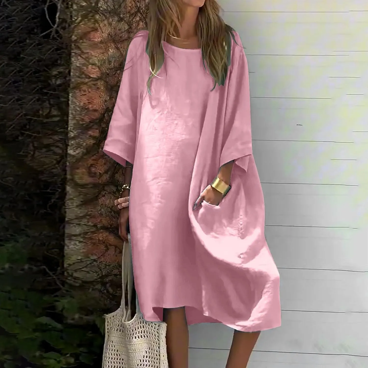 Women's Half Sleeve Maxi Cotton Linen Dress Relaxed Ruched Slit Crew Neck Flowy Vacation Modest Dresses with Pockets