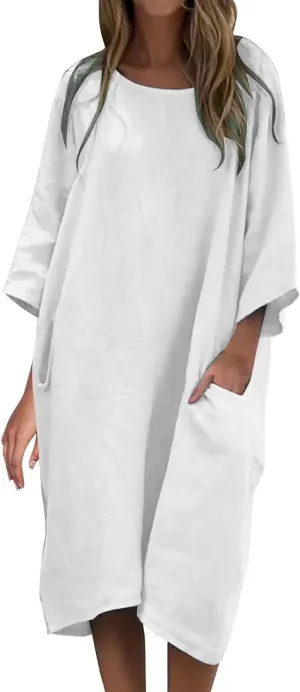 Women's Half Sleeve Maxi Cotton Linen Dress Relaxed Ruched Slit Crew Neck Flowy Vacation Modest Dresses with Pockets