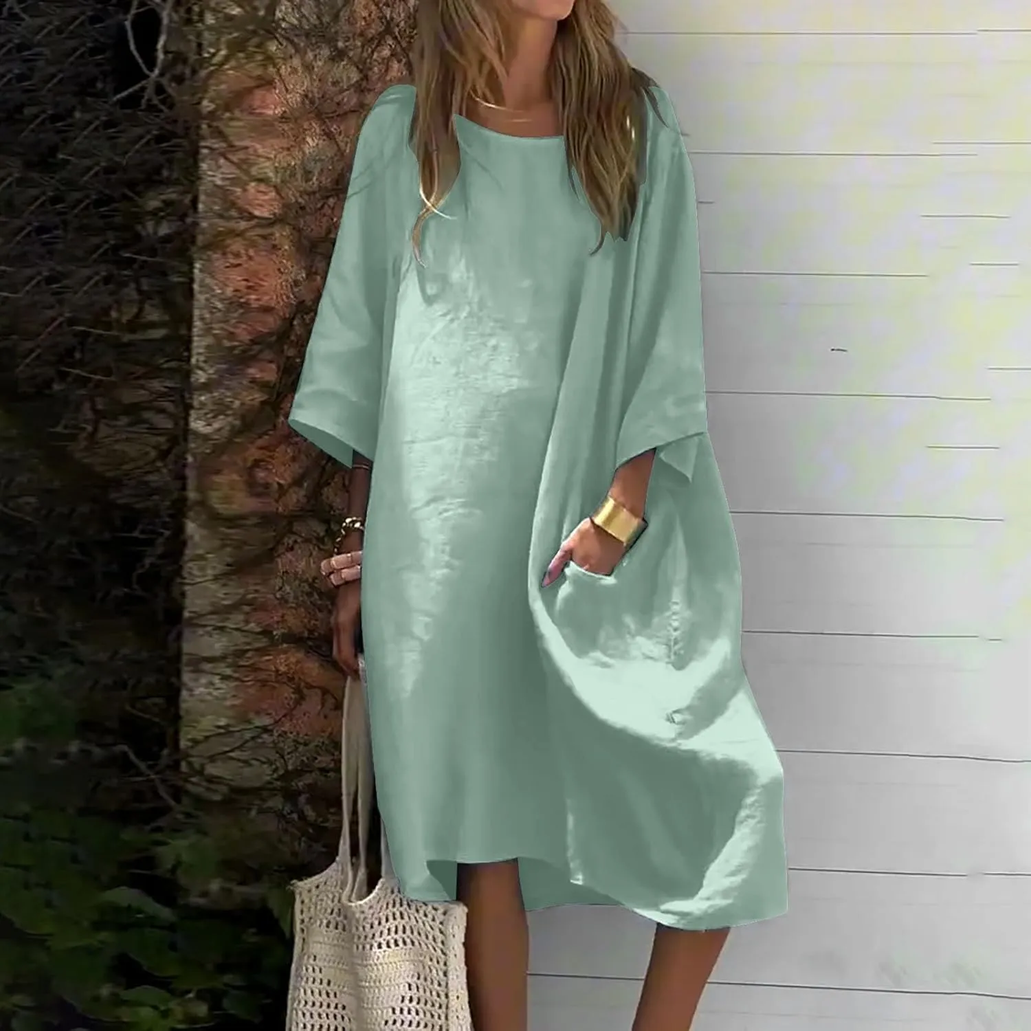 Women's Half Sleeve Maxi Cotton Linen Dress Relaxed Ruched Slit Crew Neck Flowy Vacation Modest Dresses with Pockets