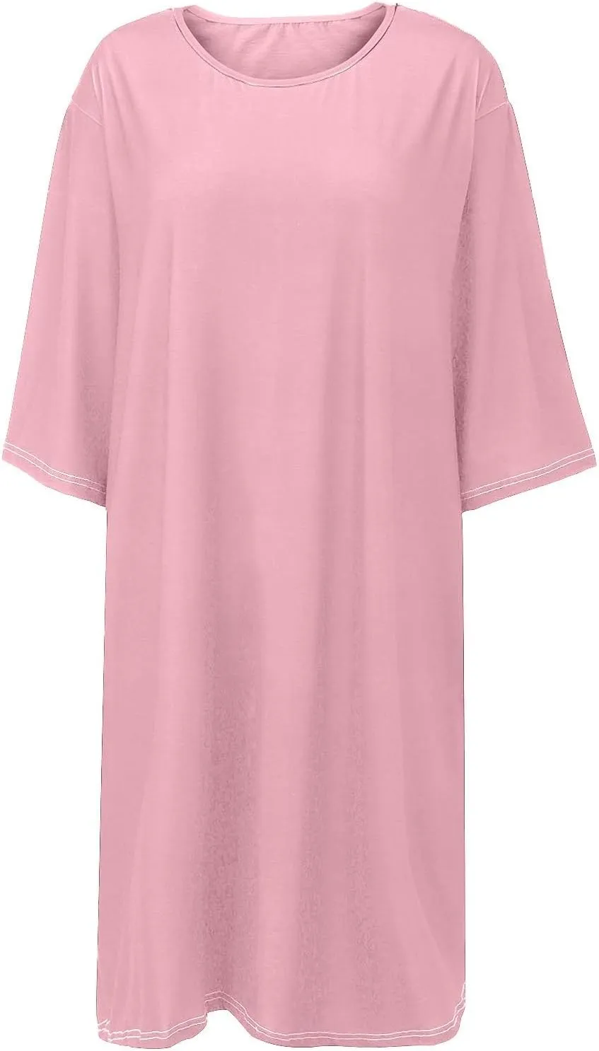 Women's Half Sleeve Maxi Cotton Linen Dress Relaxed Ruched Slit Crew Neck Flowy Vacation Modest Dresses with Pockets