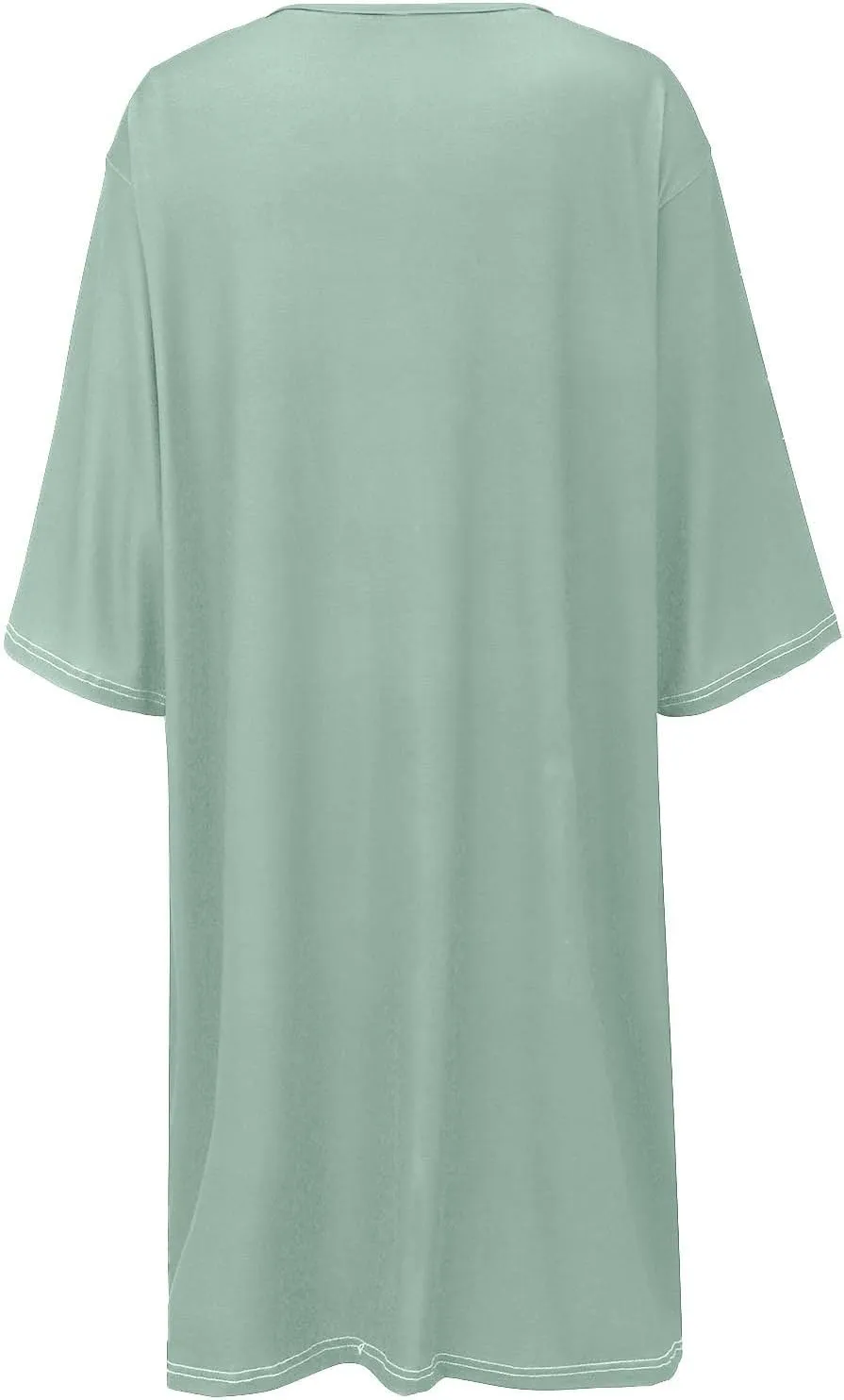 Women's Half Sleeve Maxi Cotton Linen Dress Relaxed Ruched Slit Crew Neck Flowy Vacation Modest Dresses with Pockets