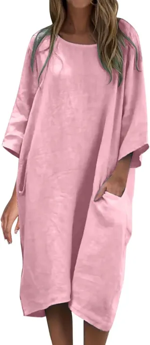 Women's Half Sleeve Maxi Cotton Linen Dress Relaxed Ruched Slit Crew Neck Flowy Vacation Modest Dresses with Pockets