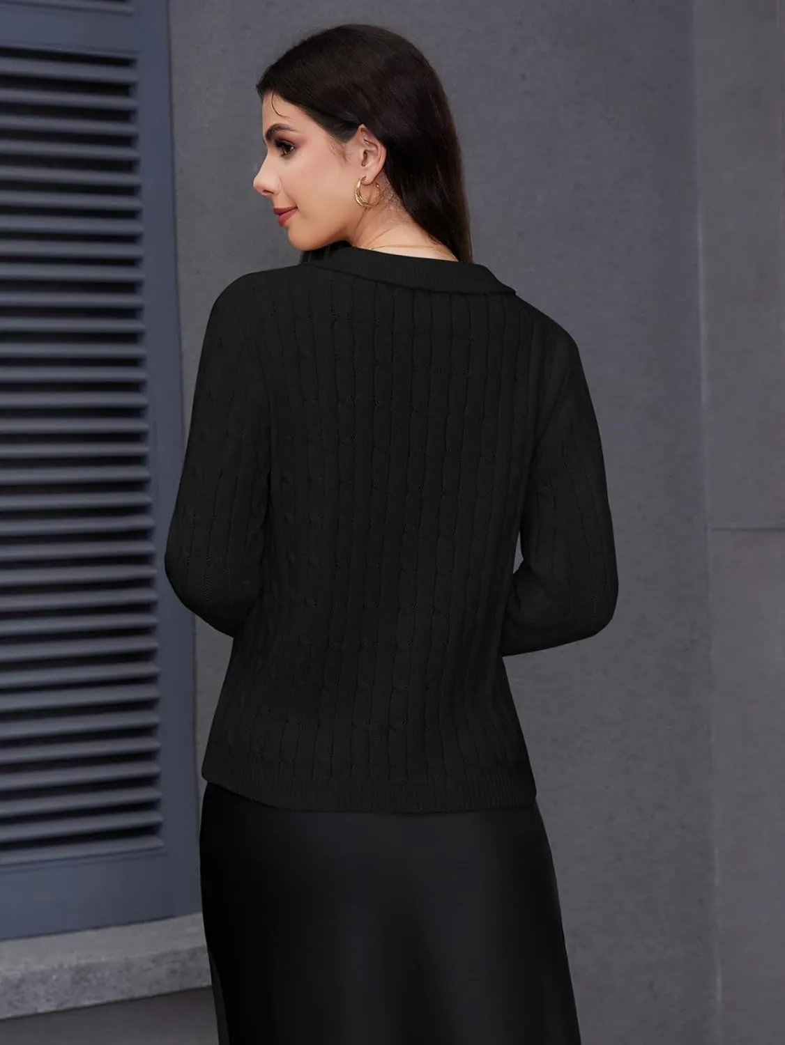 Women's Knit Pullover Sweaters Cable Knit Tops Long Sleeves Polo V Neck Sweater Tops