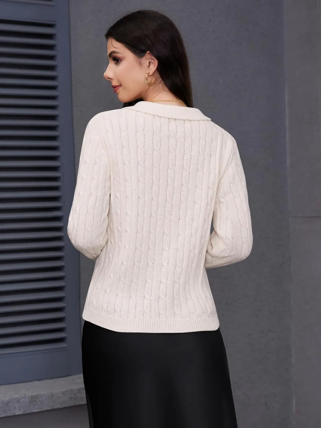 Women's Knit Pullover Sweaters Cable Knit Tops Long Sleeves Polo V Neck Sweater Tops