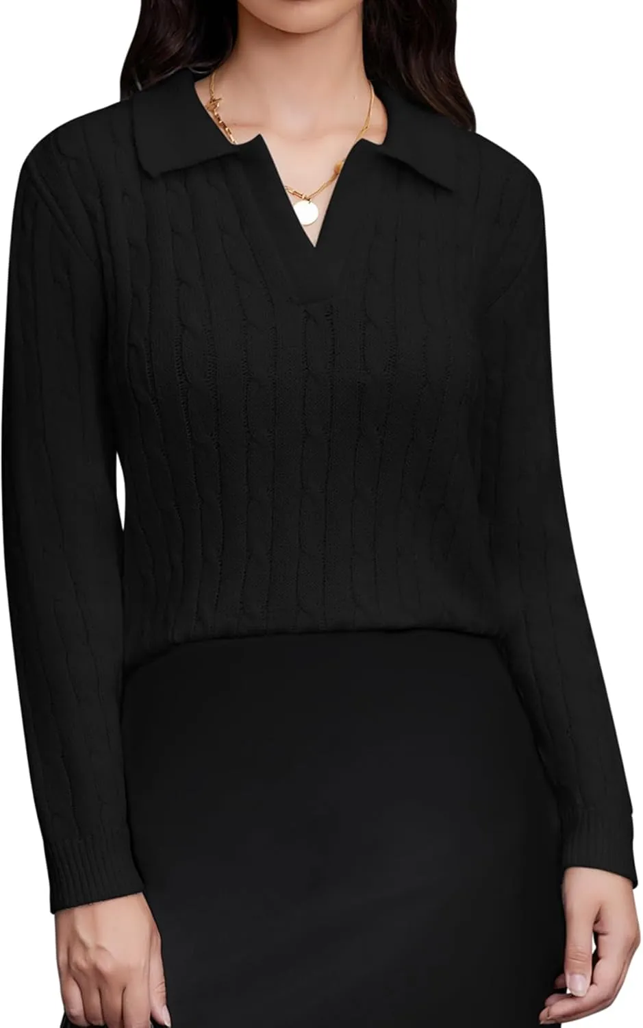 Women's Knit Pullover Sweaters Cable Knit Tops Long Sleeves Polo V Neck Sweater Tops