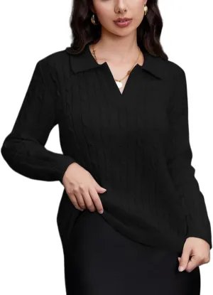 Women's Knit Pullover Sweaters Cable Knit Tops Long Sleeves Polo V Neck Sweater Tops