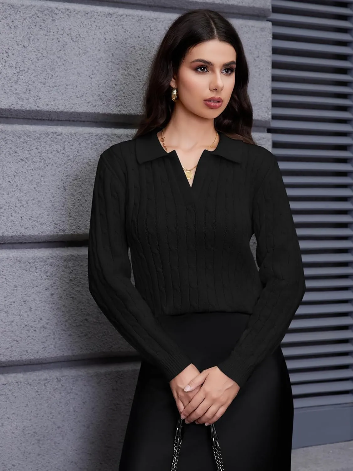 Women's Knit Pullover Sweaters Cable Knit Tops Long Sleeves Polo V Neck Sweater Tops
