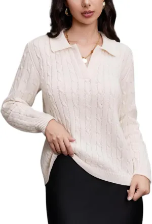 Women's Knit Pullover Sweaters Cable Knit Tops Long Sleeves Polo V Neck Sweater Tops