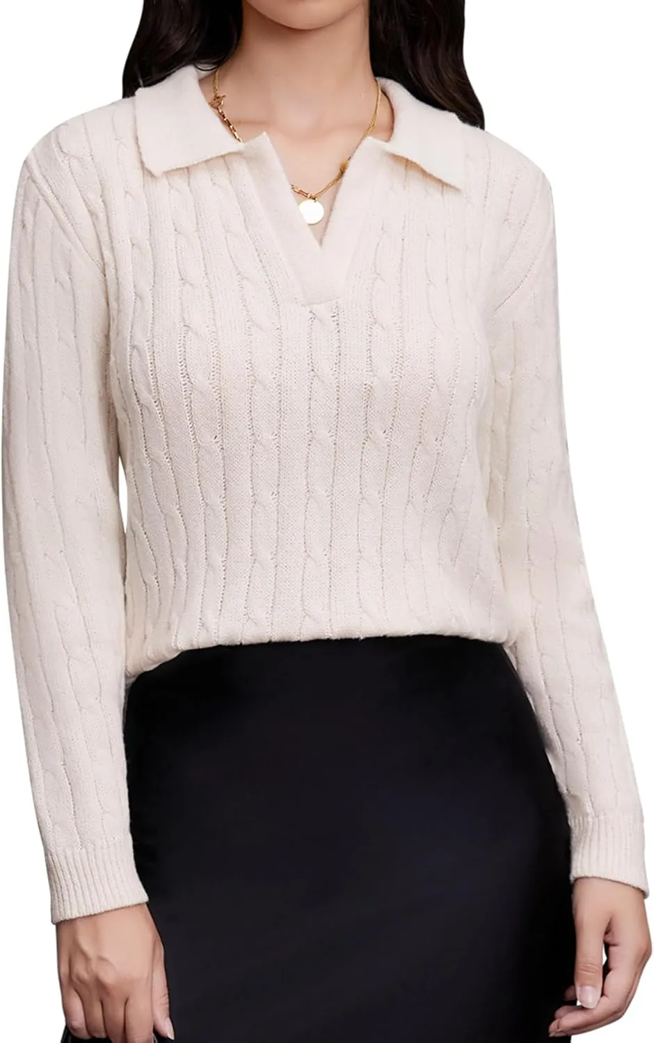 Women's Knit Pullover Sweaters Cable Knit Tops Long Sleeves Polo V Neck Sweater Tops