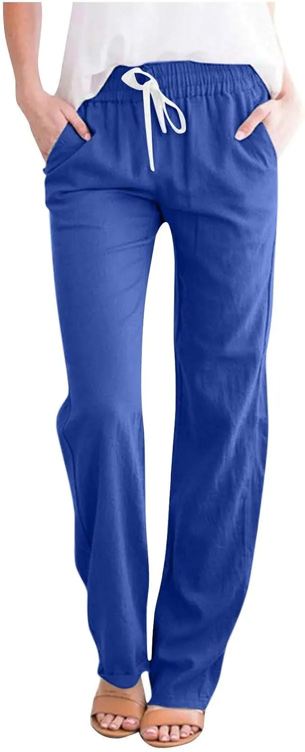 Womens Linen Pants 2024 Fashion Casual Drawstring Straight Leg High Waisted Pant Summer Trousers with Pockets