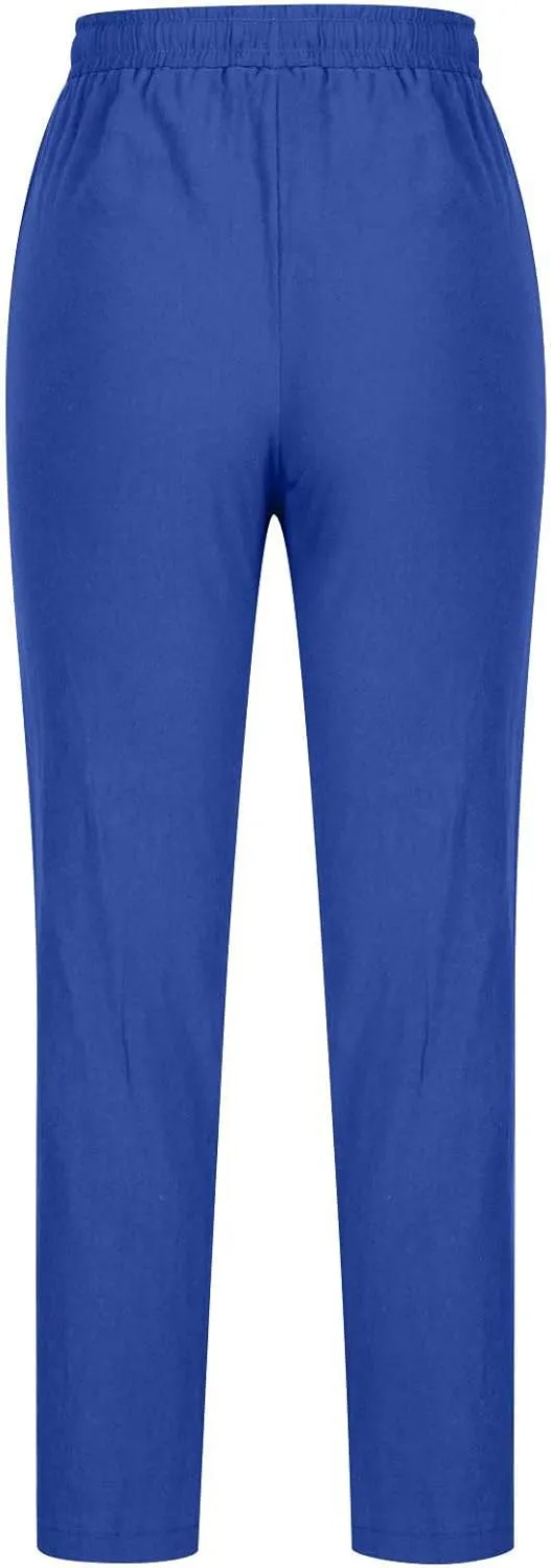 Womens Linen Pants 2024 Fashion Casual Drawstring Straight Leg High Waisted Pant Summer Trousers with Pockets