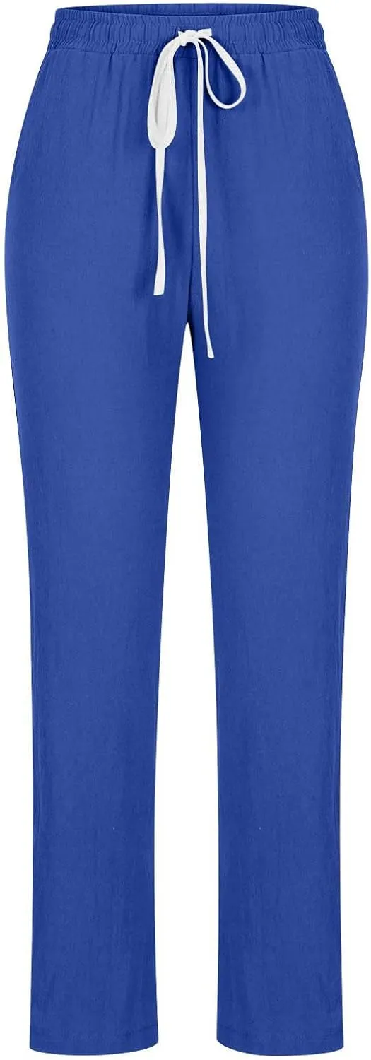 Womens Linen Pants 2024 Fashion Casual Drawstring Straight Leg High Waisted Pant Summer Trousers with Pockets