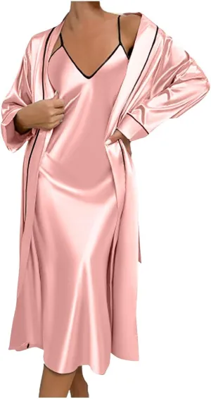Women's Lingerie Set Soft Comfy Satin Cardigan Nightgown Bathrobe Sling Nightdress Teddy Babydoll Pajamas Suit