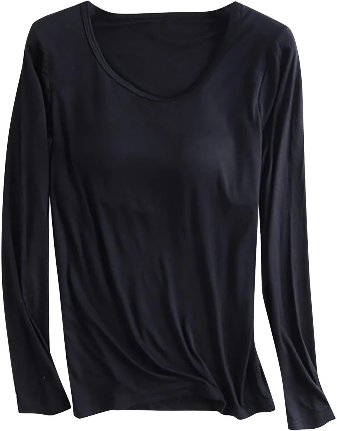 Womens Lounge Long Sleeve Tops Plain T Shirt with Built in Bra, Homewear Pajamas Top Comfy Workout Yoga Shirts