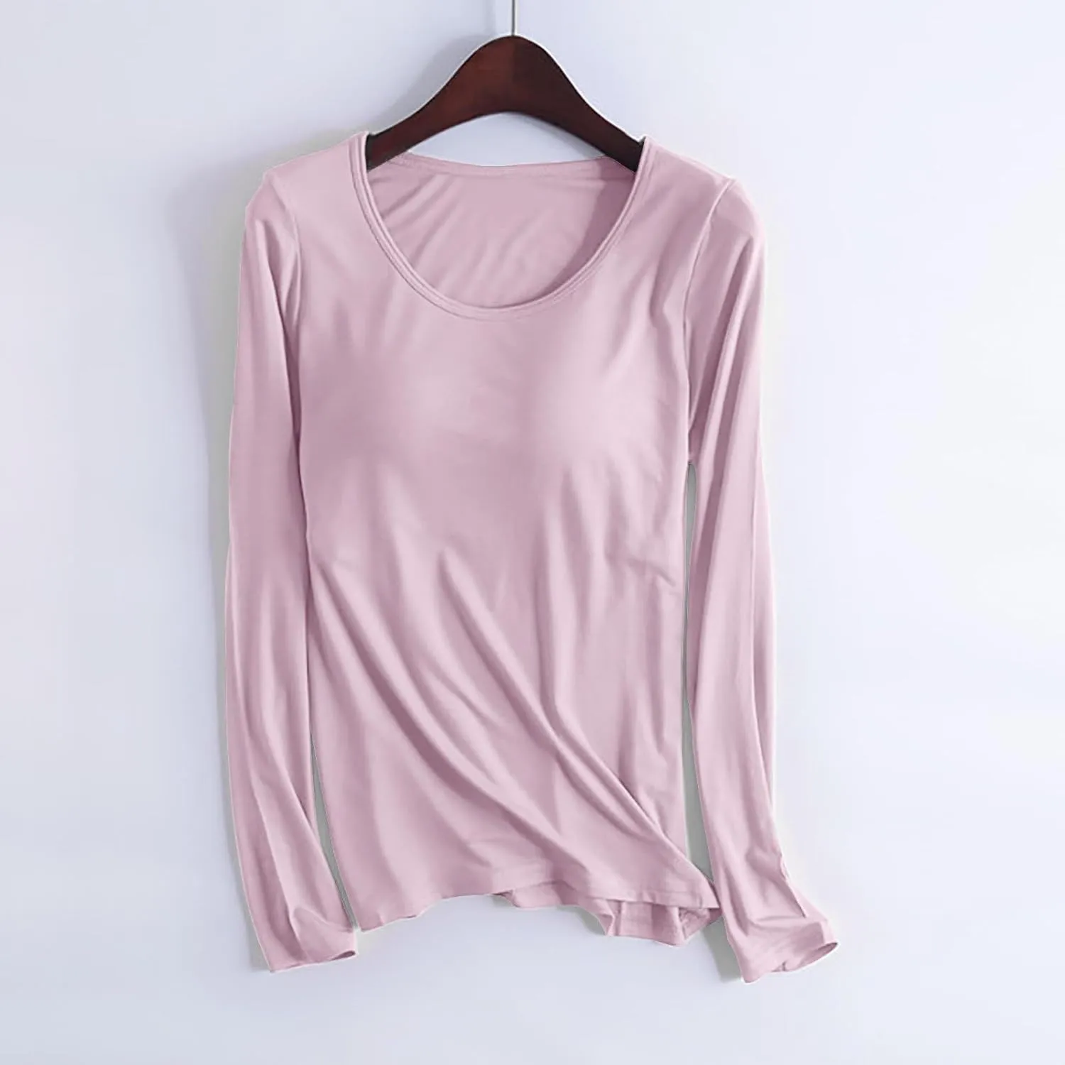 Womens Lounge Long Sleeve Tops Plain T Shirt with Built in Bra, Homewear Pajamas Top Comfy Workout Yoga Shirts