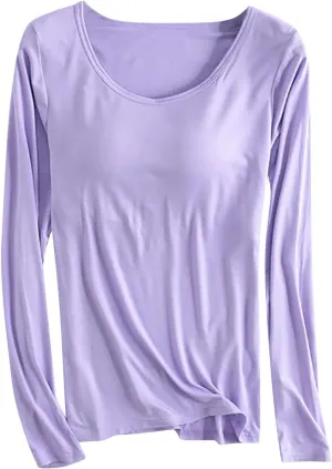 Womens Lounge Long Sleeve Tops Plain T Shirt with Built in Bra, Homewear Pajamas Top Comfy Workout Yoga Shirts