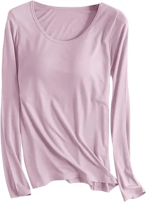 Womens Lounge Long Sleeve Tops Plain T Shirt with Built in Bra, Homewear Pajamas Top Comfy Workout Yoga Shirts