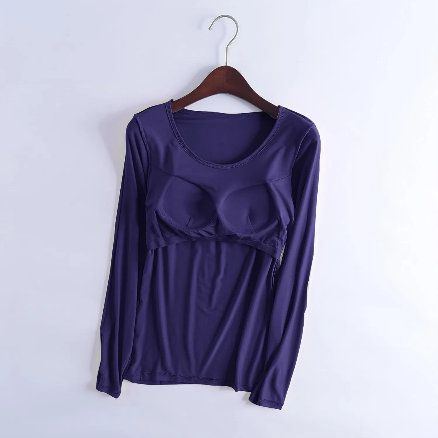 Womens Lounge Long Sleeve Tops Plain T Shirt with Built in Bra, Homewear Pajamas Top Comfy Workout Yoga Shirts