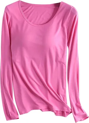 Womens Lounge Long Sleeve Tops Plain T Shirt with Built in Bra, Homewear Pajamas Top Comfy Workout Yoga Shirts