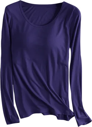 Womens Lounge Long Sleeve Tops Plain T Shirt with Built in Bra, Homewear Pajamas Top Comfy Workout Yoga Shirts