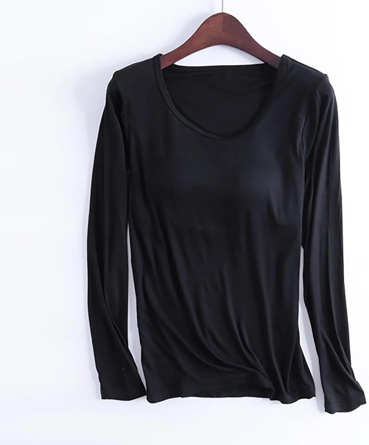 Womens Lounge Long Sleeve Tops Plain T Shirt with Built in Bra, Homewear Pajamas Top Comfy Workout Yoga Shirts