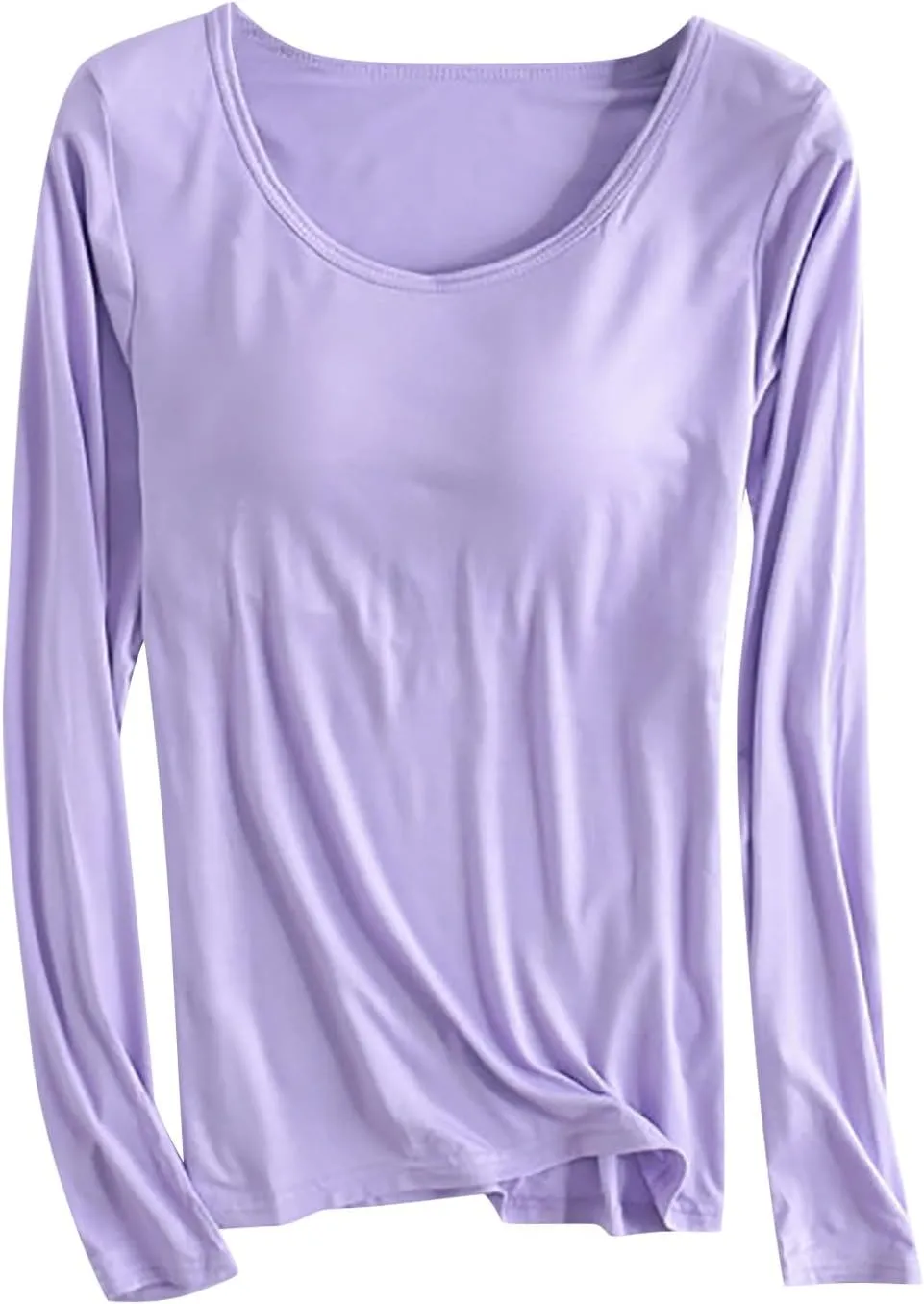 Womens Lounge Long Sleeve Tops Plain T Shirt with Built in Bra, Homewear Pajamas Top Comfy Workout Yoga Shirts