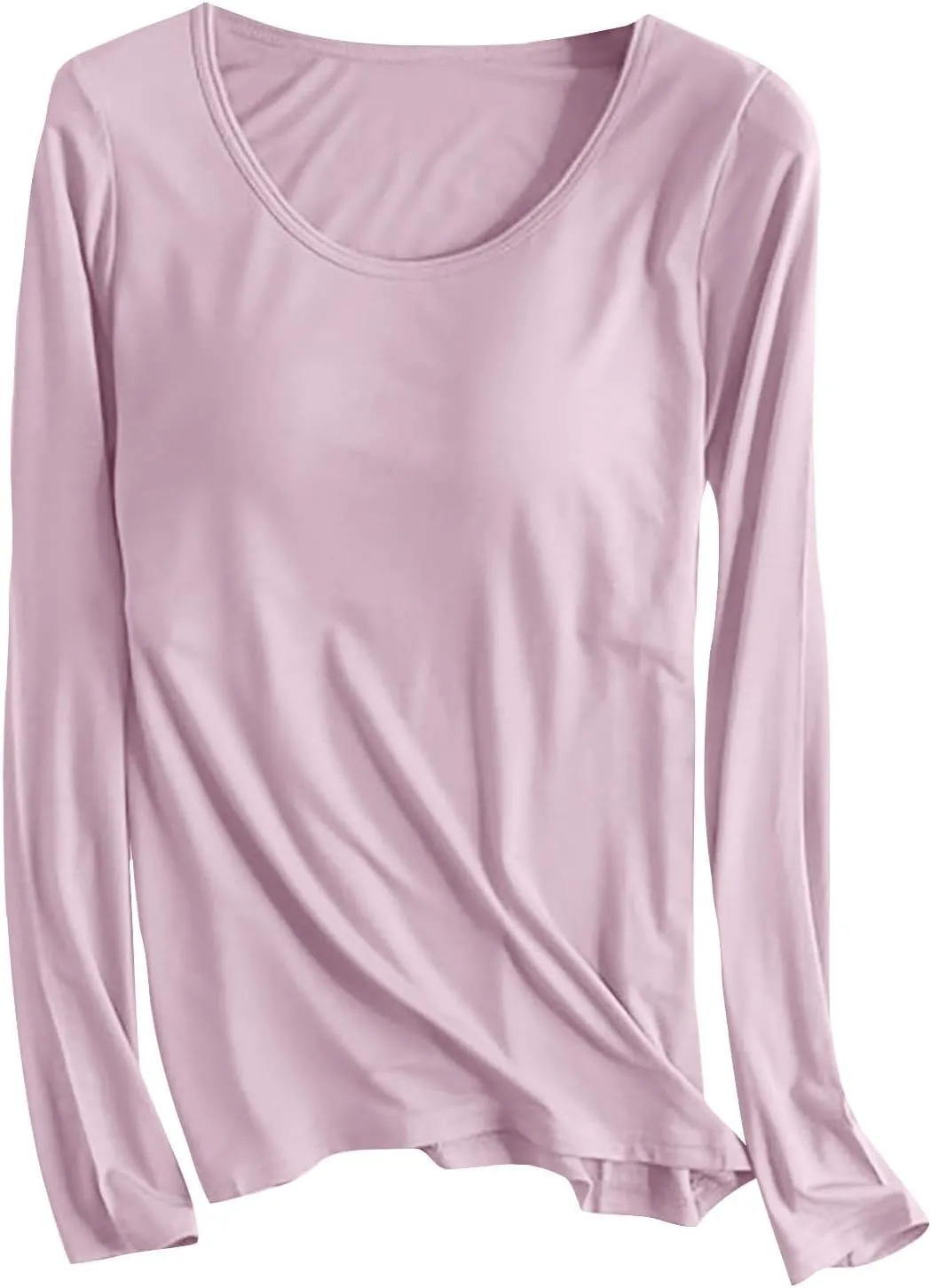 Womens Lounge Long Sleeve Tops Plain T Shirt with Built in Bra, Homewear Pajamas Top Comfy Workout Yoga Shirts