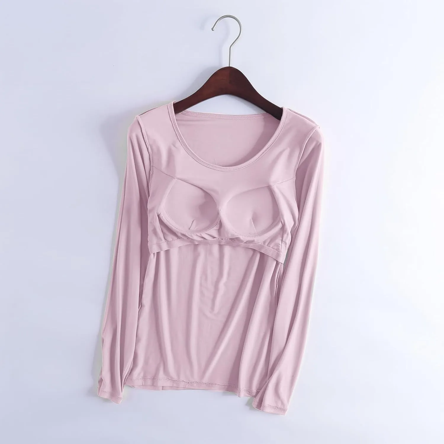 Womens Lounge Long Sleeve Tops Plain T Shirt with Built in Bra, Homewear Pajamas Top Comfy Workout Yoga Shirts