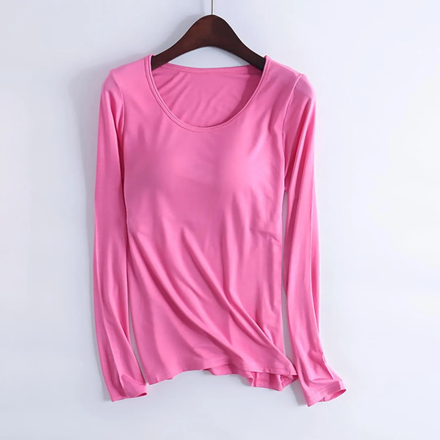 Womens Lounge Long Sleeve Tops Plain T Shirt with Built in Bra, Homewear Pajamas Top Comfy Workout Yoga Shirts