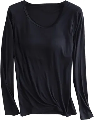 Womens Lounge Long Sleeve Tops Plain T Shirt with Built in Bra, Homewear Pajamas Top Comfy Workout Yoga Shirts