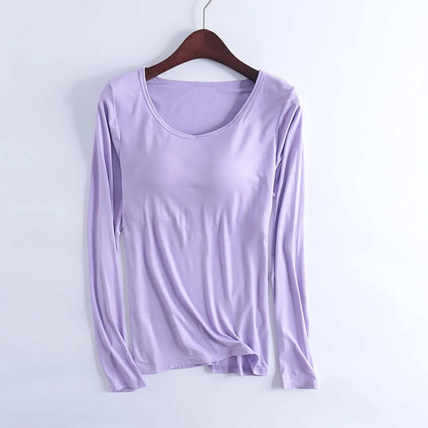 Womens Lounge Long Sleeve Tops Plain T Shirt with Built in Bra, Homewear Pajamas Top Comfy Workout Yoga Shirts