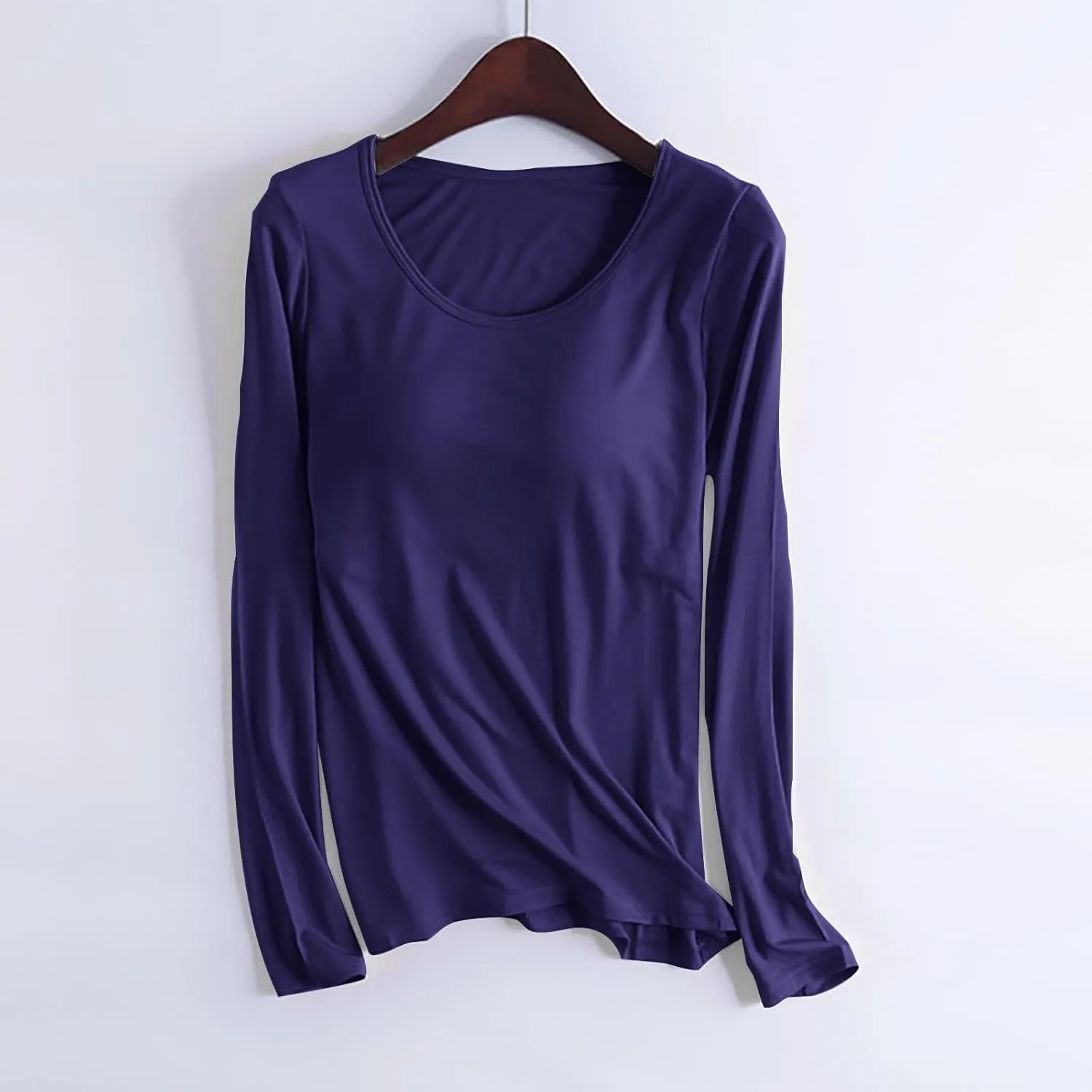 Womens Lounge Long Sleeve Tops Plain T Shirt with Built in Bra, Homewear Pajamas Top Comfy Workout Yoga Shirts