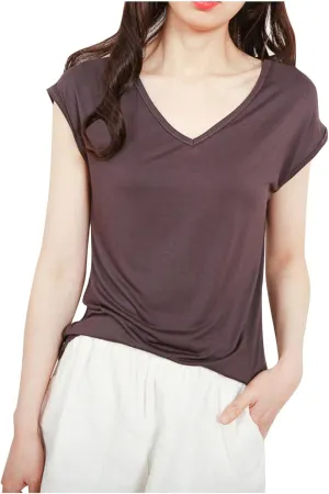 Womens Modal Tops Cap Sleeve V Neck T Shirt Ruched Slim Fit Basic Tees Lightweight Casual Summer Sleep Lounge Shirt