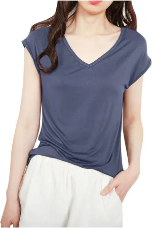 Womens Modal Tops Cap Sleeve V Neck T Shirt Ruched Slim Fit Basic Tees Lightweight Casual Summer Sleep Lounge Shirt