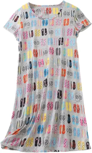 Womens Nightgowns Knee Length Short Sleeve V Neck Sleep Shirts Cute Soft Comfy Lounge Dress Loose Fit Nightshirts