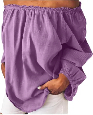 Women's Off The Shoulder TopsTrendy Shirred Neck Long Sleeve Flowy Cotton Linen Blouses Plus Size Solid Beach Shirts