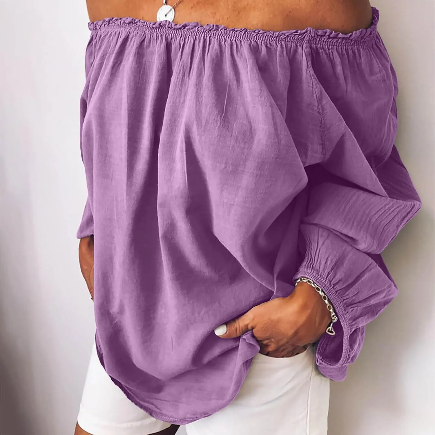 Women's Off The Shoulder TopsTrendy Shirred Neck Long Sleeve Flowy Cotton Linen Blouses Plus Size Solid Beach Shirts