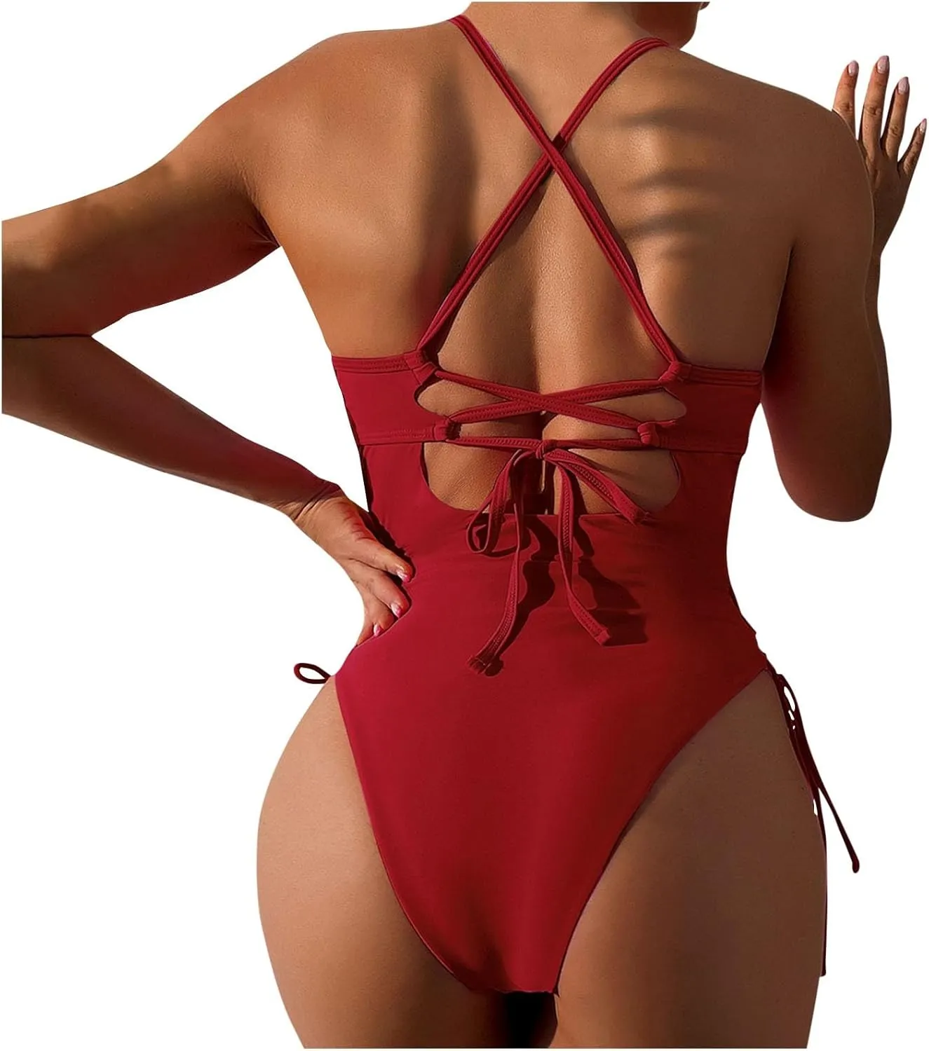 Womens One Piece Swimsuit High Waist Side Criss Cross Drawstring Bathing Suits Tummy Control Swimwear Backless Bikini