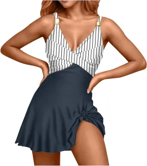 Womens One Piece Swimsuit Tummy Control Bathing Suit Criss Cross Swim Dress Slit Tie Sexy Backless Swimwear Skirt