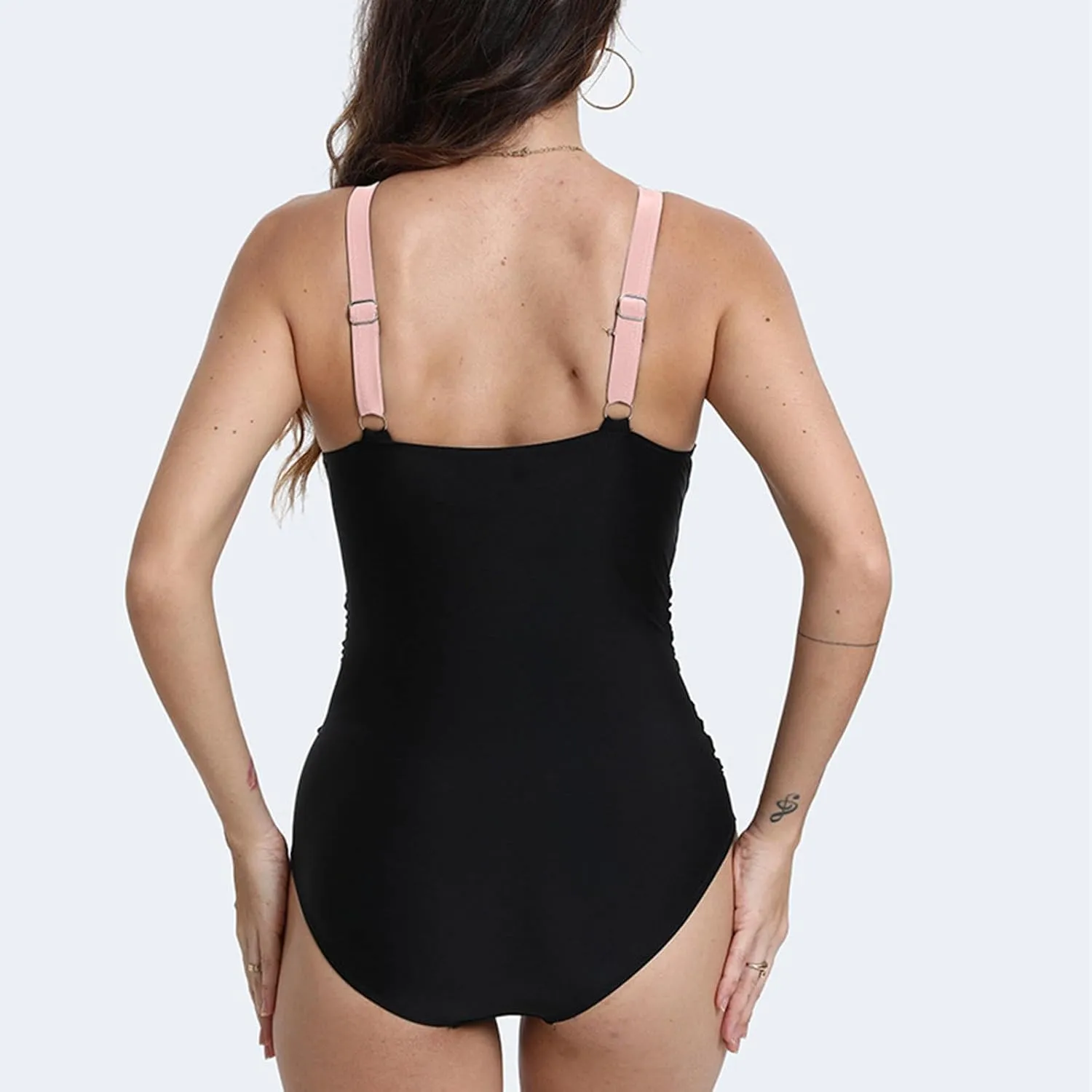 Women's One Piece Swimsuits Color Block Tummy Control Bathing Suit Wireless Padded Swimwear Backless V Neck Swim Suit