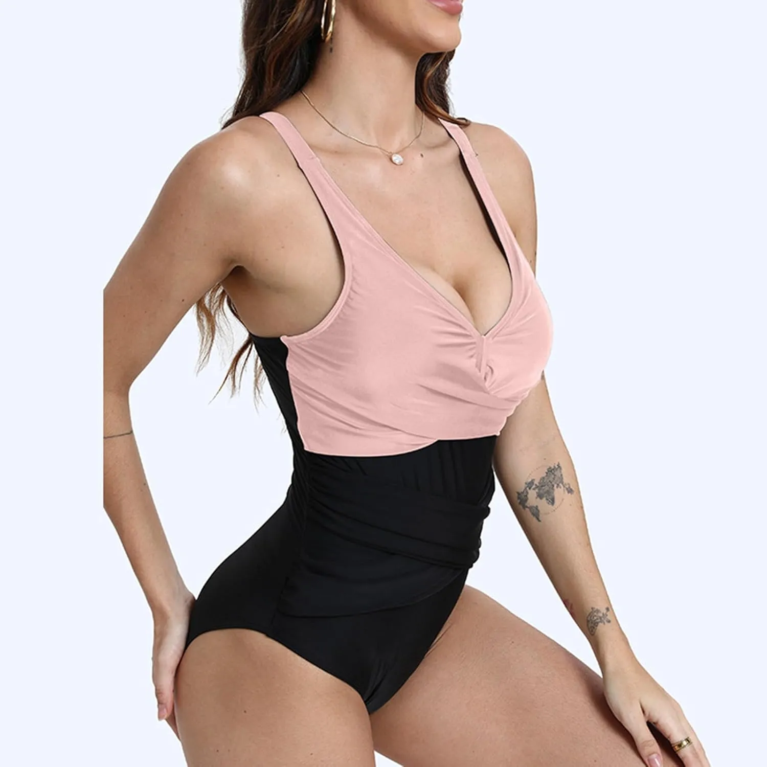 Women's One Piece Swimsuits Color Block Tummy Control Bathing Suit Wireless Padded Swimwear Backless V Neck Swim Suit
